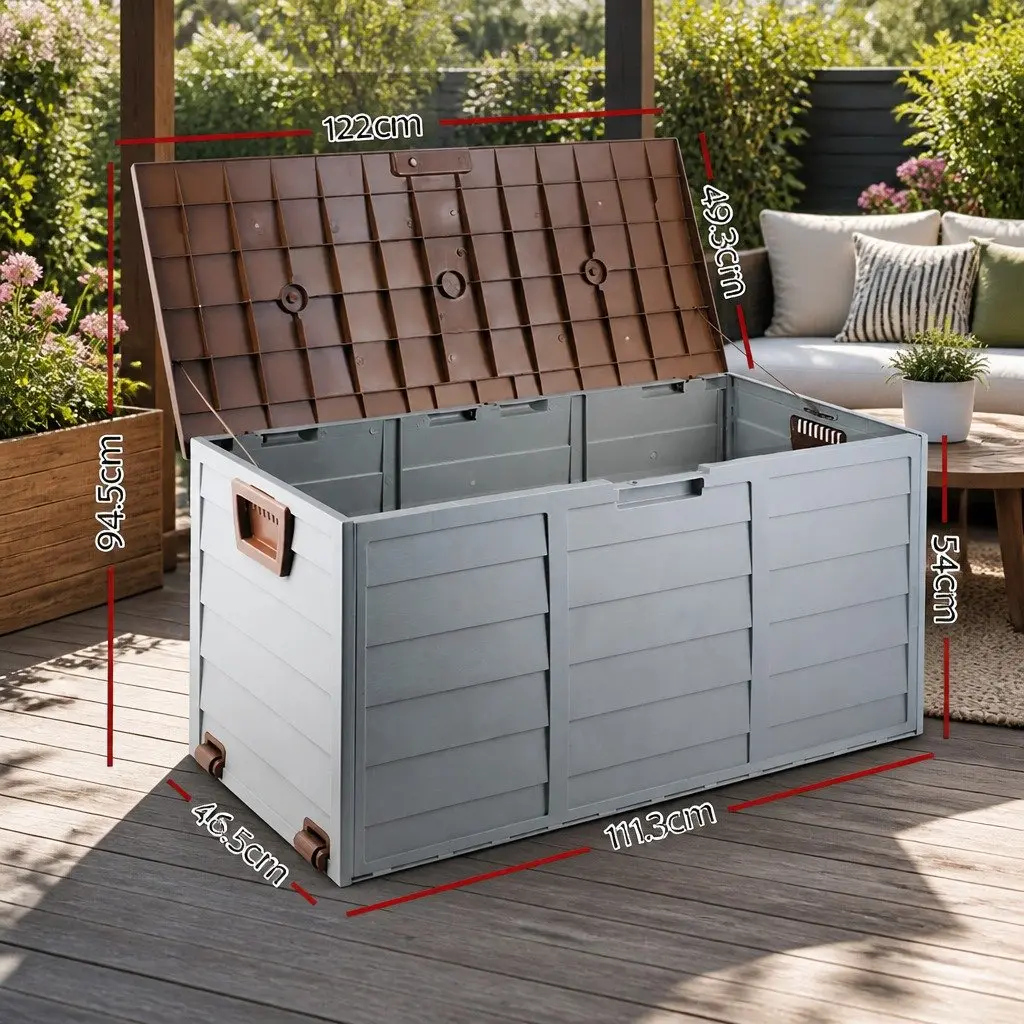 Outdoor Storage Box 290L Lockable Organiser Garden Deck Shed Tool Brown Wheels