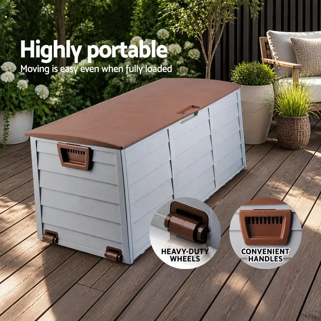 Outdoor Storage Box 290L Lockable Organiser Garden Deck Shed Tool Brown Wheels