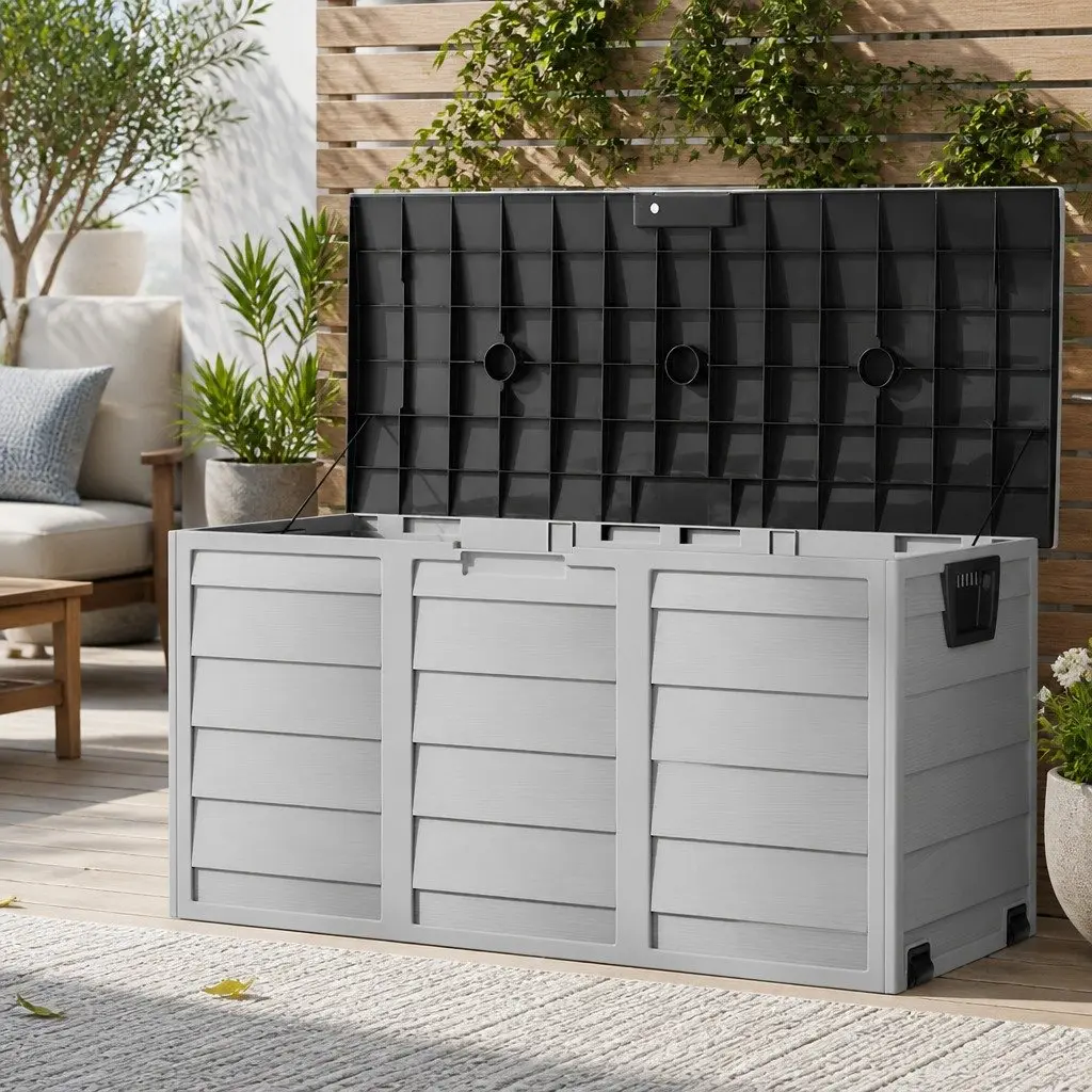 Outdoor Storage Box Lockable 290L Black Weather Resistant with Wheels for Garden Tools