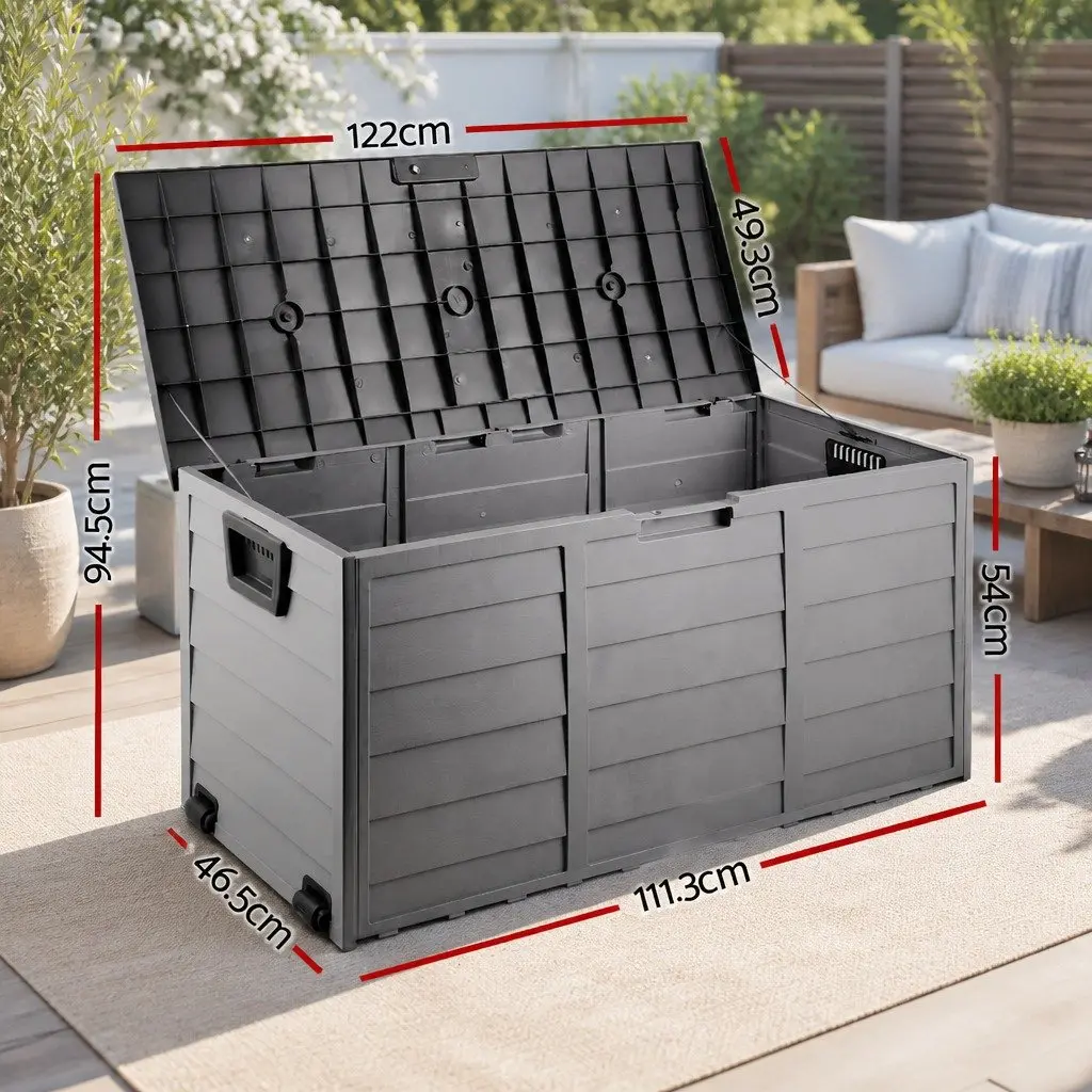 Outdoor Storage Box Lockable 290L Black Weather Resistant with Wheels for Garden Tools