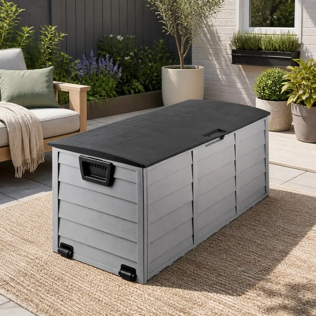 Outdoor Storage Box Lockable 290L Black Weather Resistant with Wheels for Garden Tools