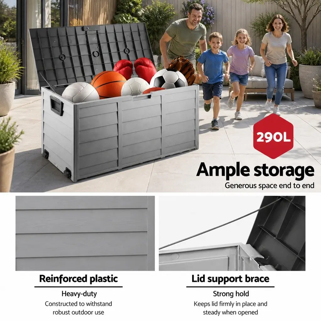 Outdoor Storage Box Lockable 290L Black Weather Resistant with Wheels for Garden Tools