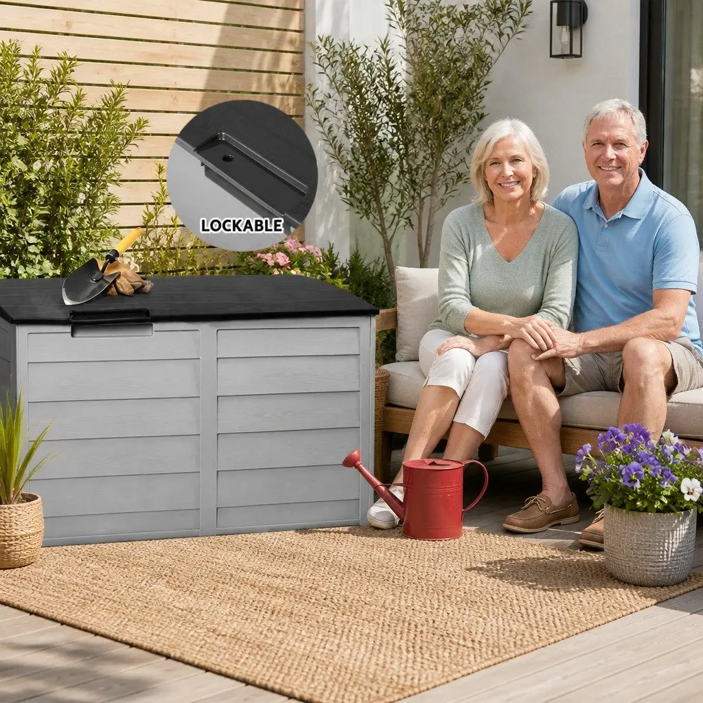 Outdoor Storage Box Lockable 290L Black Weather Resistant with Wheels for Garden Tools