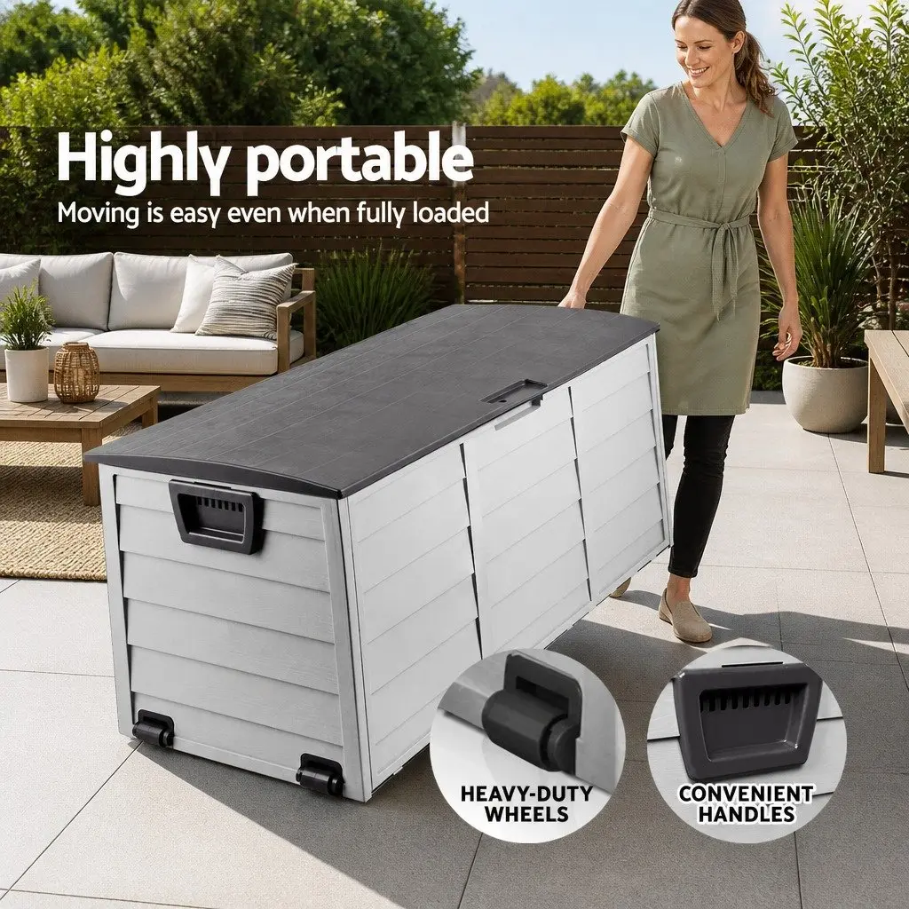 Outdoor Storage Box Lockable 290L Black Weather Resistant with Wheels for Garden Tools