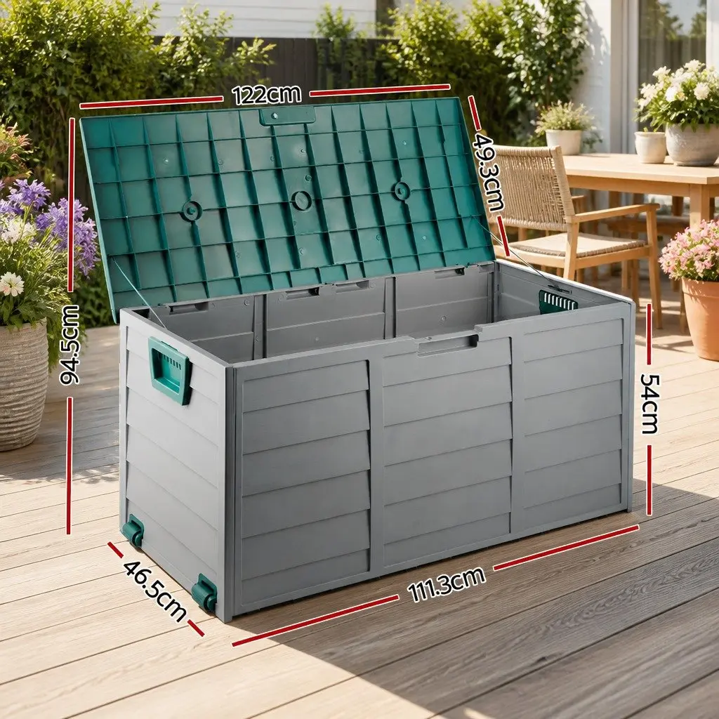 Outdoor Storage Box 290L Weather Resistant Green Tool Organiser with Lockable Lid and Wheels
