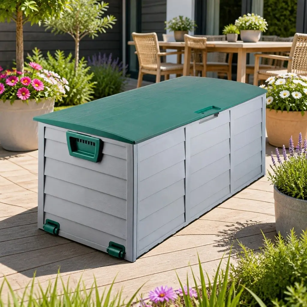 Outdoor Storage Box 290L Weather Resistant Green Tool Organiser with Lockable Lid and Wheels
