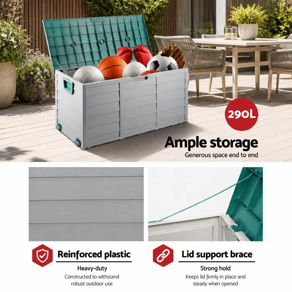 Outdoor Storage Box 290L Weather Resistant Green Tool Organiser with Lockable Lid and Wheels