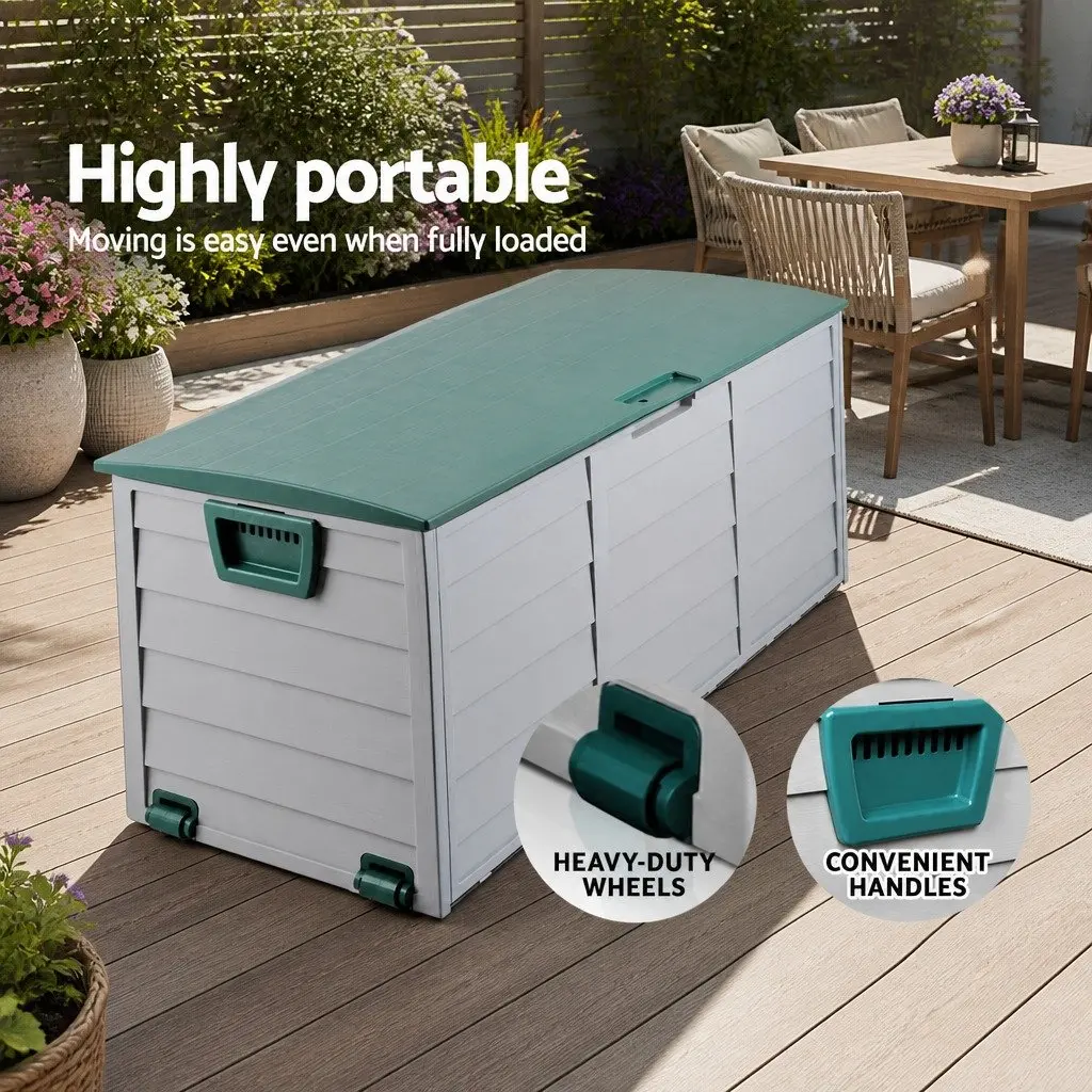 Outdoor Storage Box 290L Weather Resistant Green Tool Organiser with Lockable Lid and Wheels