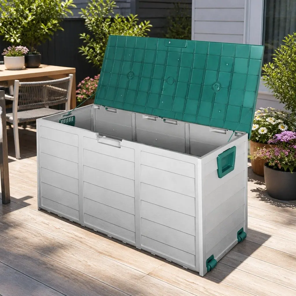 Outdoor Storage Box 290L Weather Resistant Green Tool Organiser with Lockable Lid and Wheels
