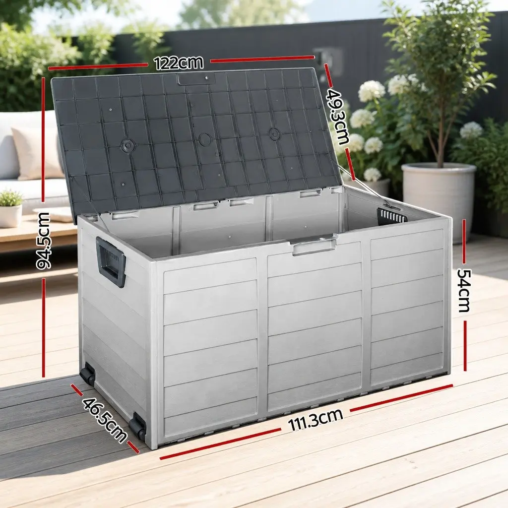 Outdoor Storage Box Grey 290L Durable Weather Resistant Tool Organiser Lockable Garden Shed