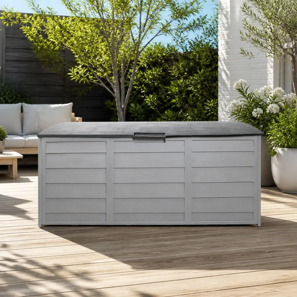 Outdoor Storage Box Grey 290L Durable Weather Resistant Tool Organiser Lockable Garden Shed
