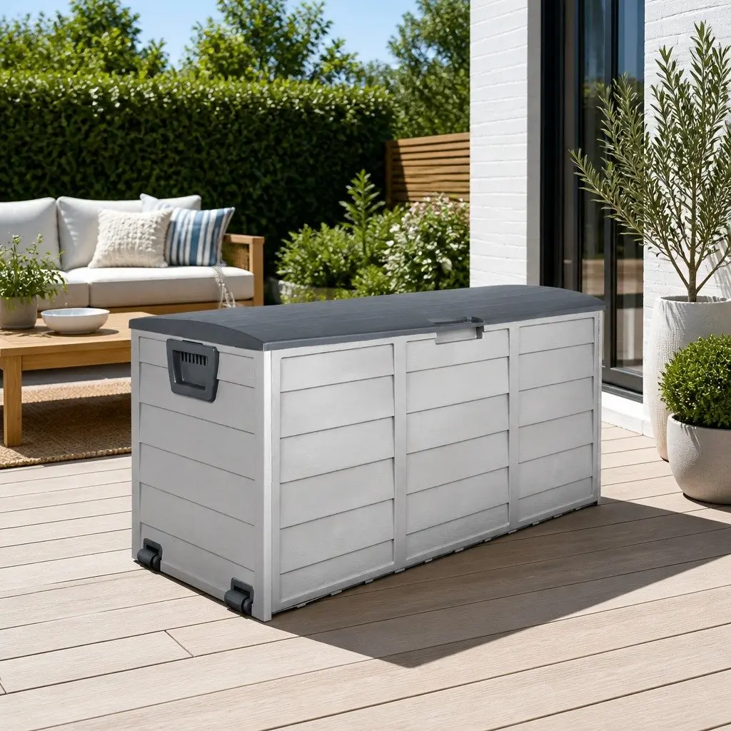 Outdoor Storage Box Grey 290L Durable Weather Resistant Tool Organiser Lockable Garden Shed