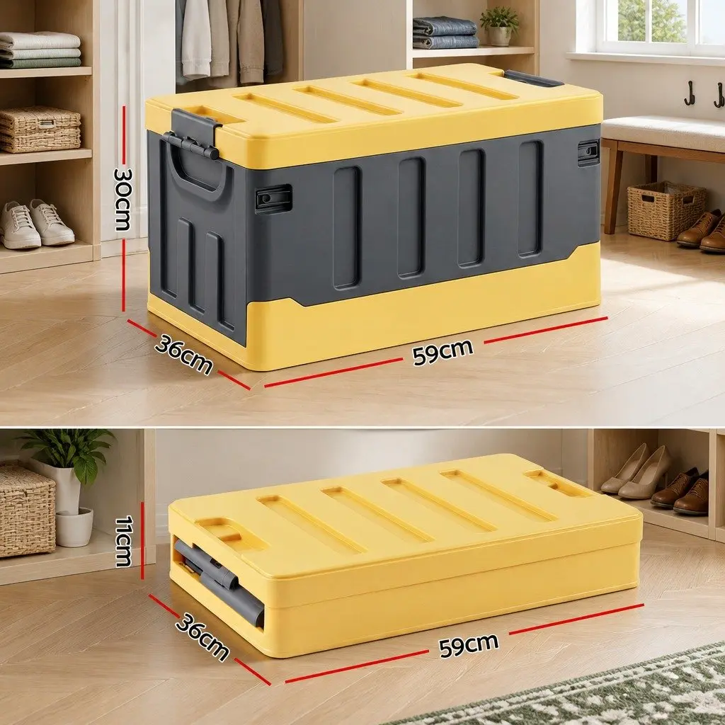 Folding Organizer Yellow Plastic 60L Collapsible Storage Box for Outdoor Camping