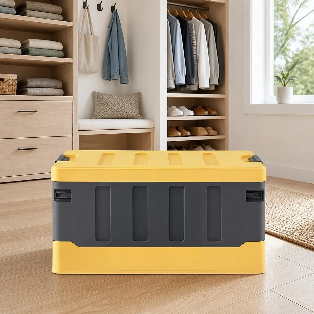 Folding Organizer Yellow Plastic 60L Collapsible Storage Box for Outdoor Camping