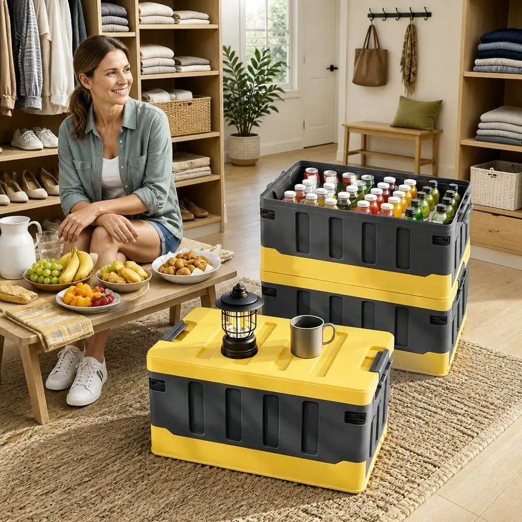 Folding Organizer Yellow Plastic 60L Collapsible Storage Box for Outdoor Camping