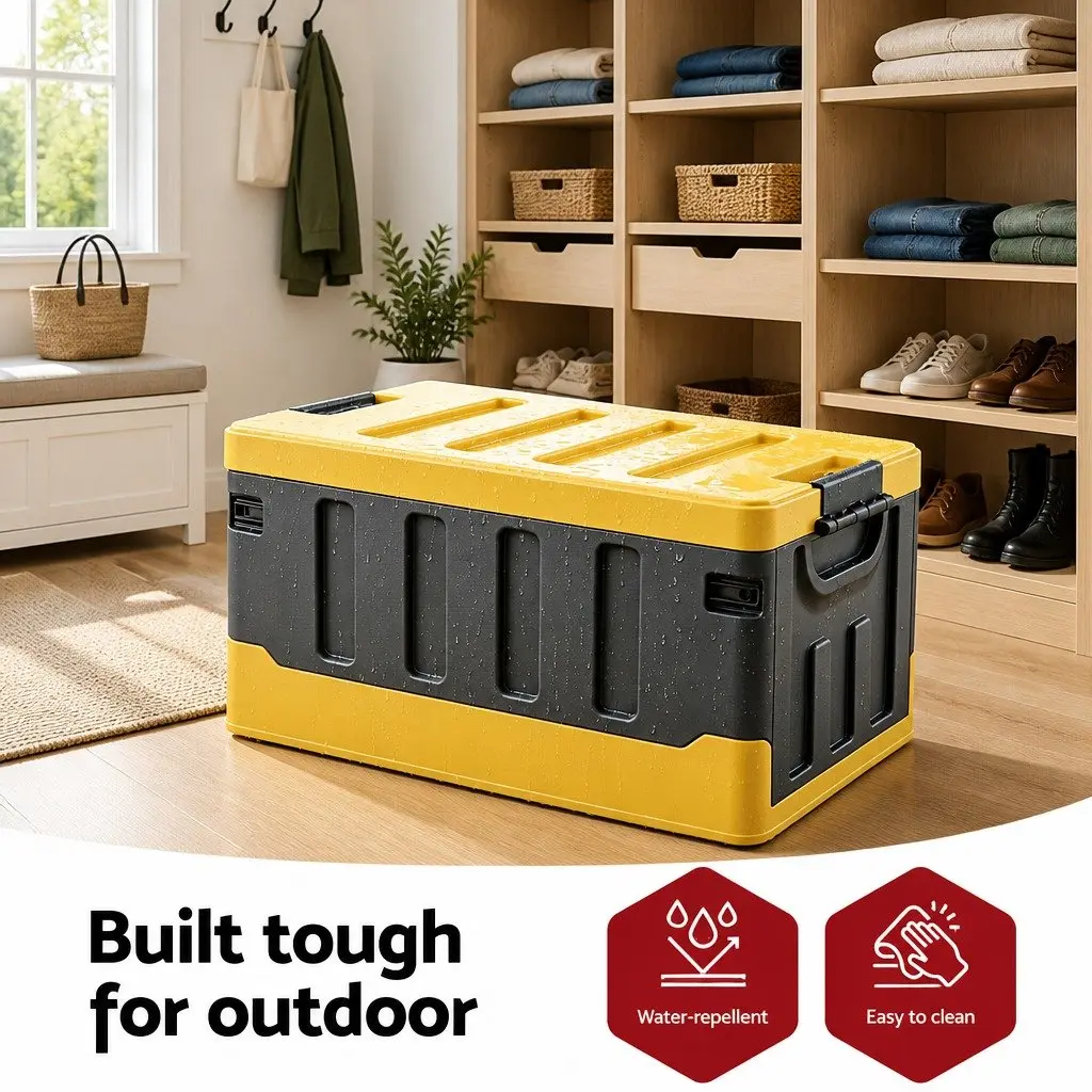 Folding Organizer Yellow Plastic 60L Collapsible Storage Box for Outdoor Camping