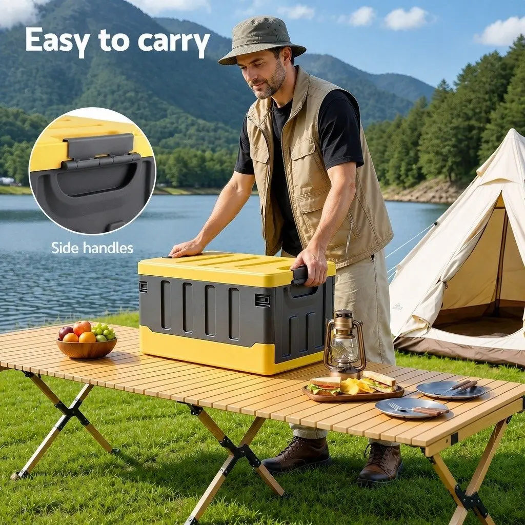 Folding Organizer Yellow Plastic 60L Collapsible Storage Box for Outdoor Camping