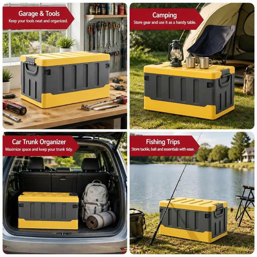 Folding Organizer Yellow Plastic 60L Collapsible Storage Box for Outdoor Camping