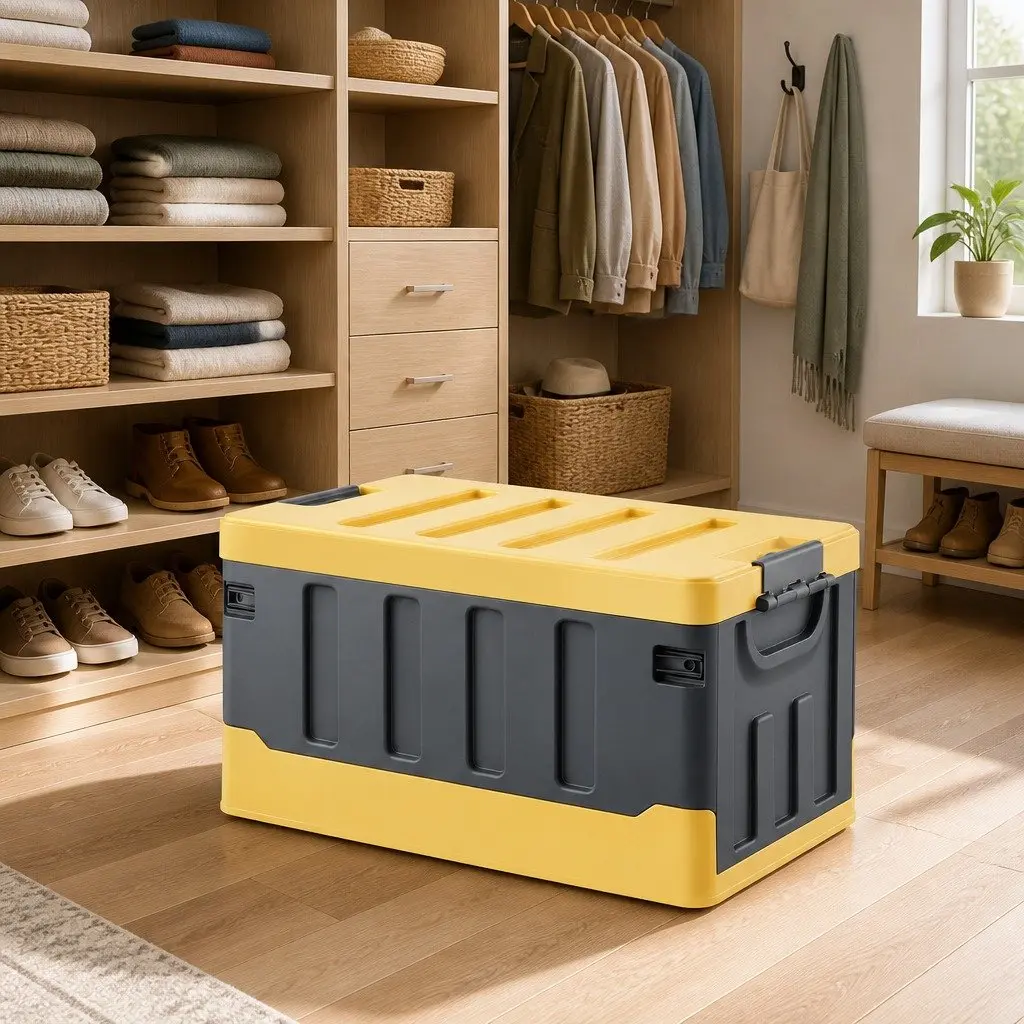 Folding Organizer Yellow Plastic 60L Collapsible Storage Box for Outdoor Camping