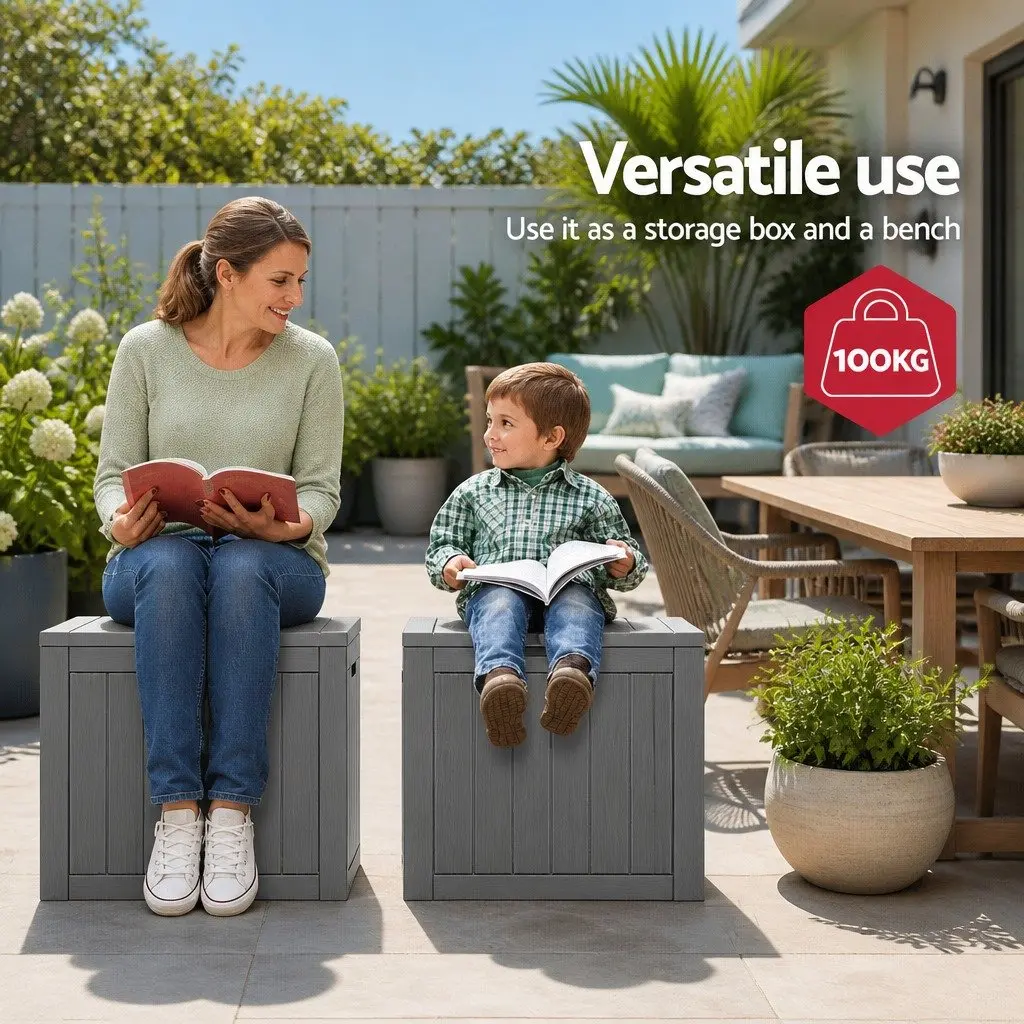Outdoor Storage Box Polypropylene 118L Grey Lockable Container Garden Shed Tool Toy Storage Bench