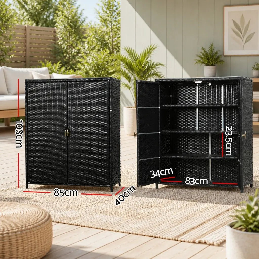 Outdoor Storage Cabinet Aluminium Frame Handwoven PE Wicker 103cm Black