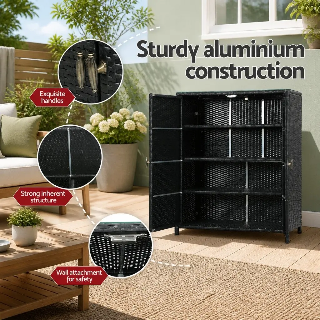 Outdoor Storage Cabinet Aluminium Frame Handwoven PE Wicker 103cm Black