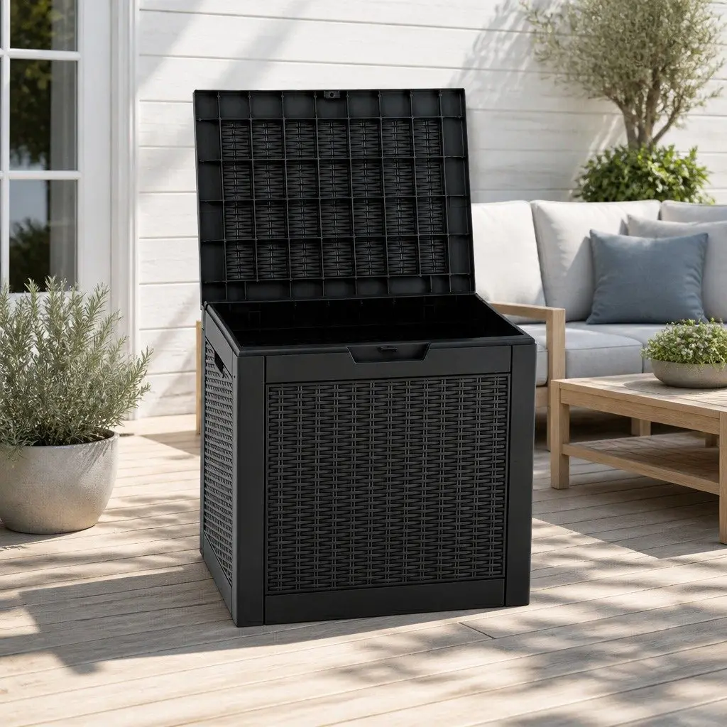 Outdoor Storage Box Rattan Texture 118L Black Polypropylene Resin