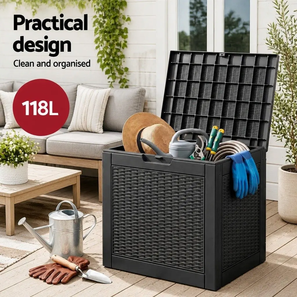 Outdoor Storage Box Rattan Texture 118L Black Polypropylene Resin