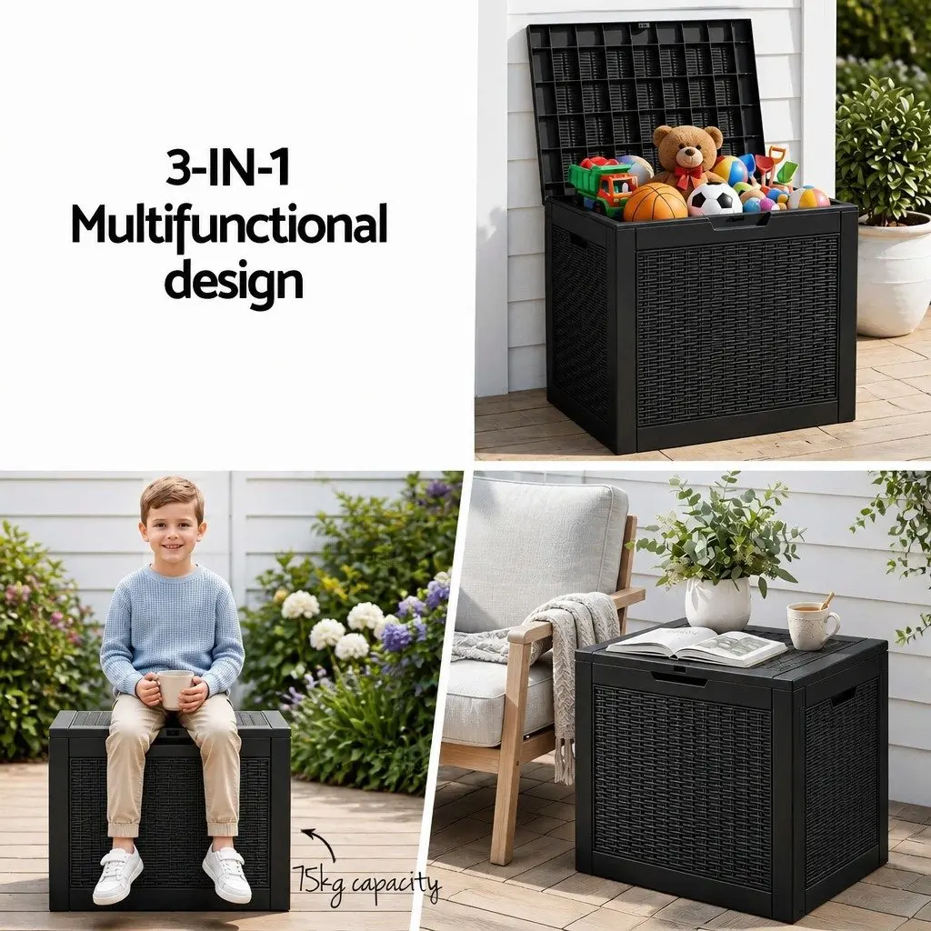 Outdoor Storage Box Rattan Texture 118L Black Polypropylene Resin