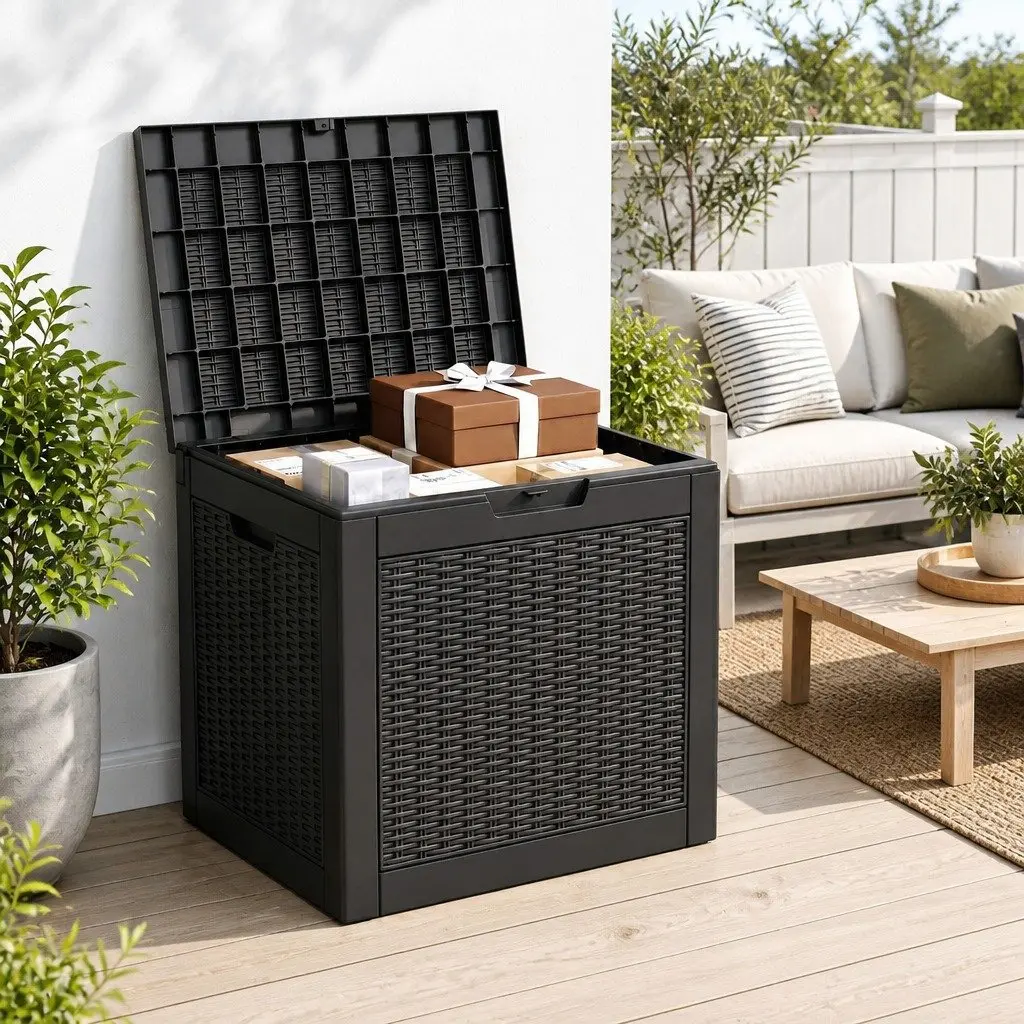 Outdoor Storage Box Rattan Texture 118L Black Polypropylene Resin