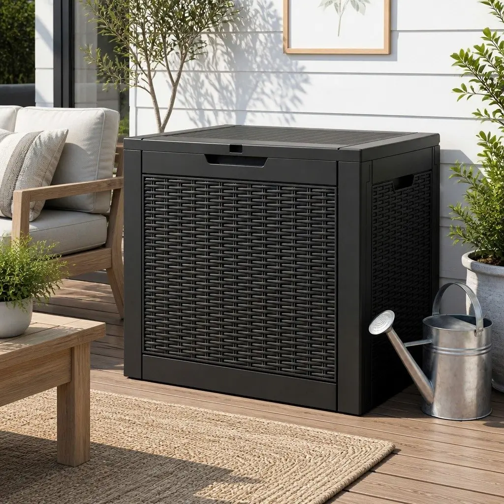 Outdoor Storage Box Rattan Texture 118L Black Polypropylene Resin