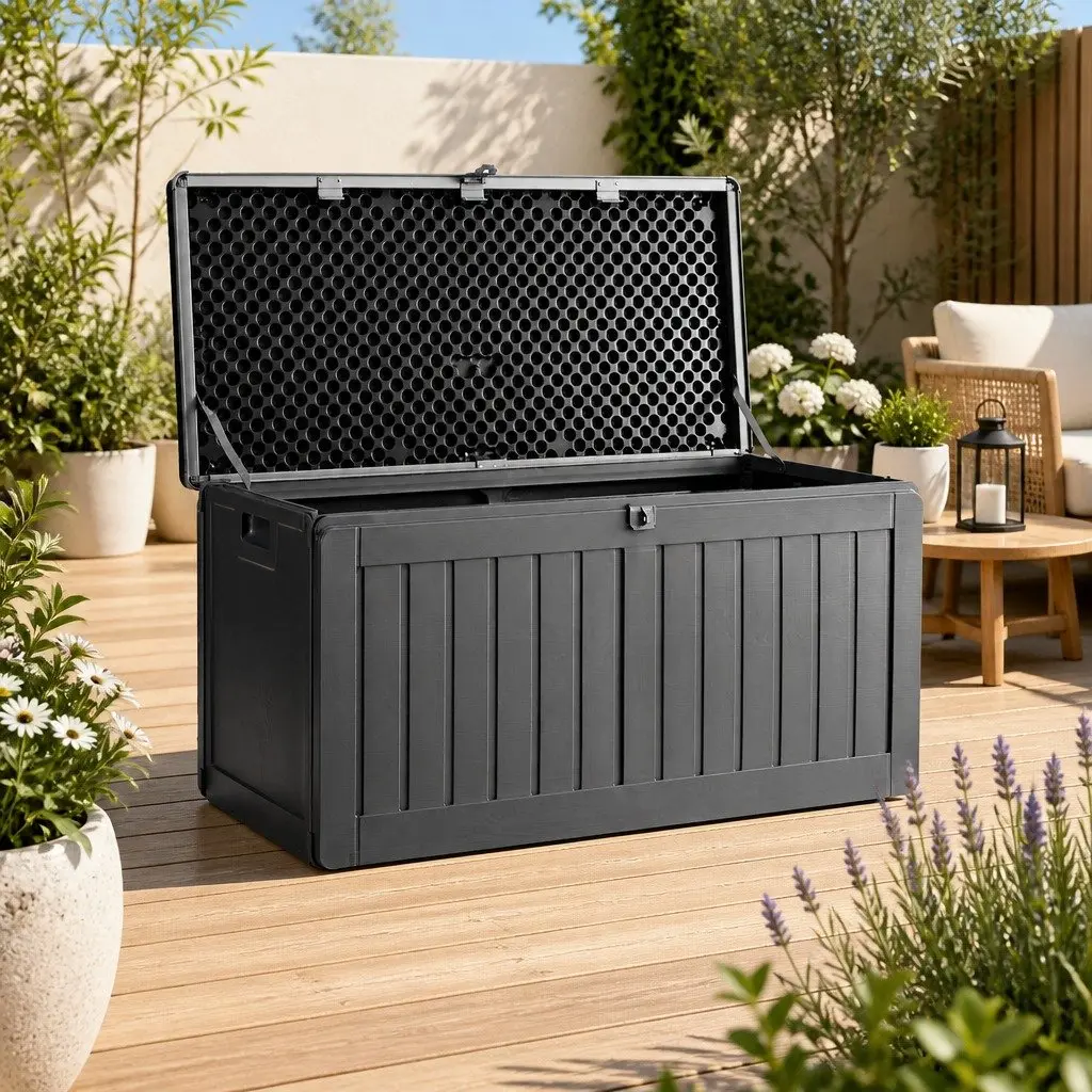 Outdoor Storage Box 190L Lockable Garden Bench Container Tool Shed Seat Grey