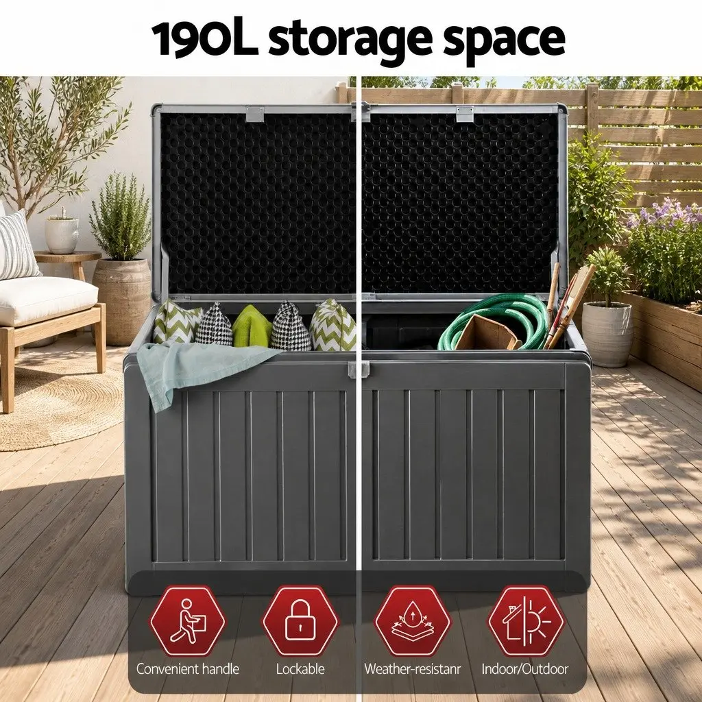 Outdoor Storage Box 190L Lockable Garden Bench Container Tool Shed Seat Grey