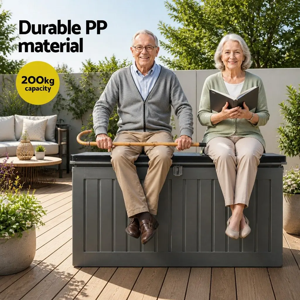Outdoor Storage Box 190L Lockable Garden Bench Container Tool Shed Seat Grey