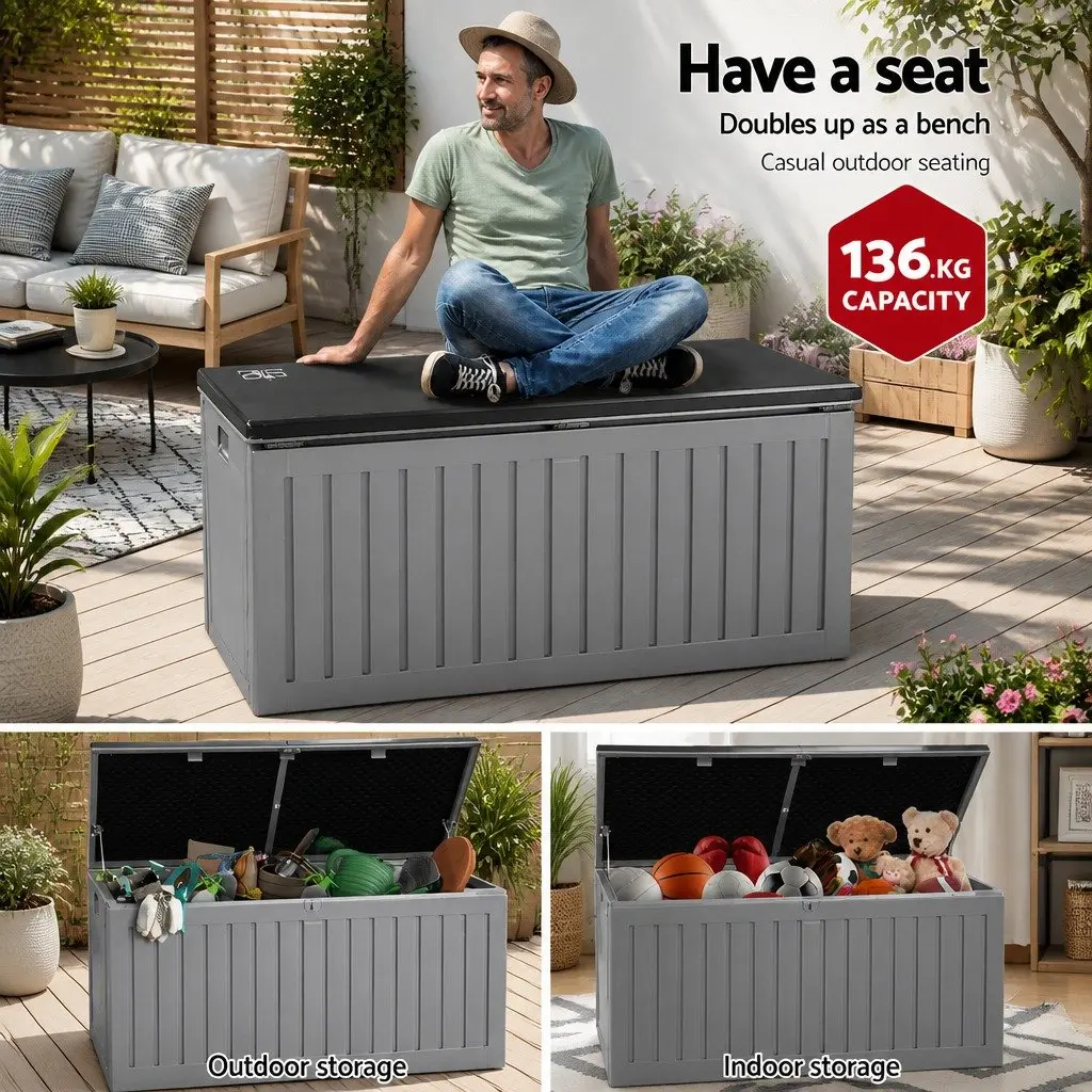 Outdoor Storage Box 270L Garden Bench Container Lockable Tool Shed Dark Grey