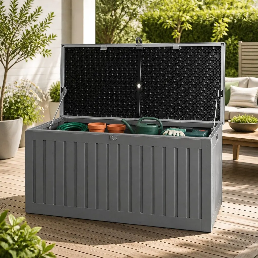 Outdoor Storage Box 270L Garden Bench Container Lockable Tool Shed Dark Grey