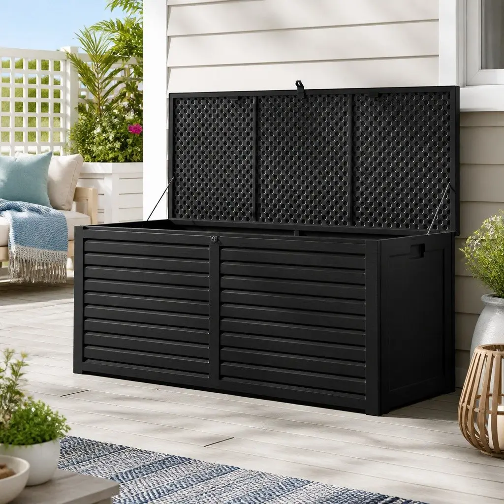 Outdoor Storage Box Lockable Black 490L Weather-Resistant Polypropylene Garden Bench