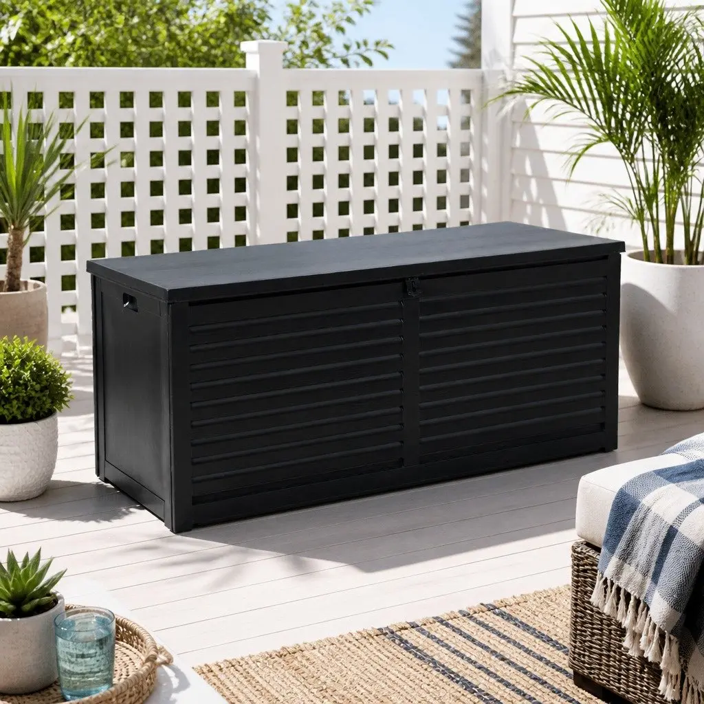 Outdoor Storage Box Lockable Black 490L Weather-Resistant Polypropylene Garden Bench