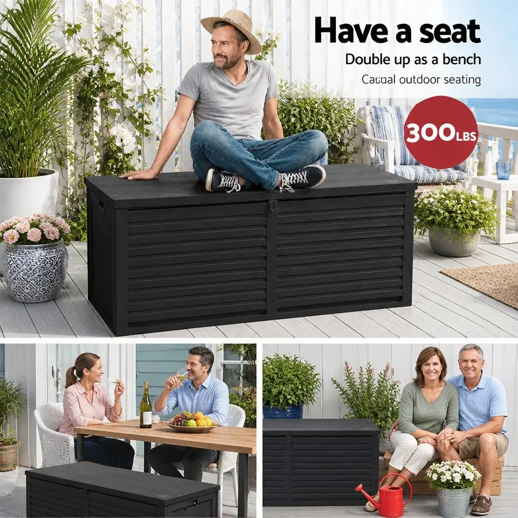 Outdoor Storage Box Lockable Black 490L Weather-Resistant Polypropylene Garden Bench