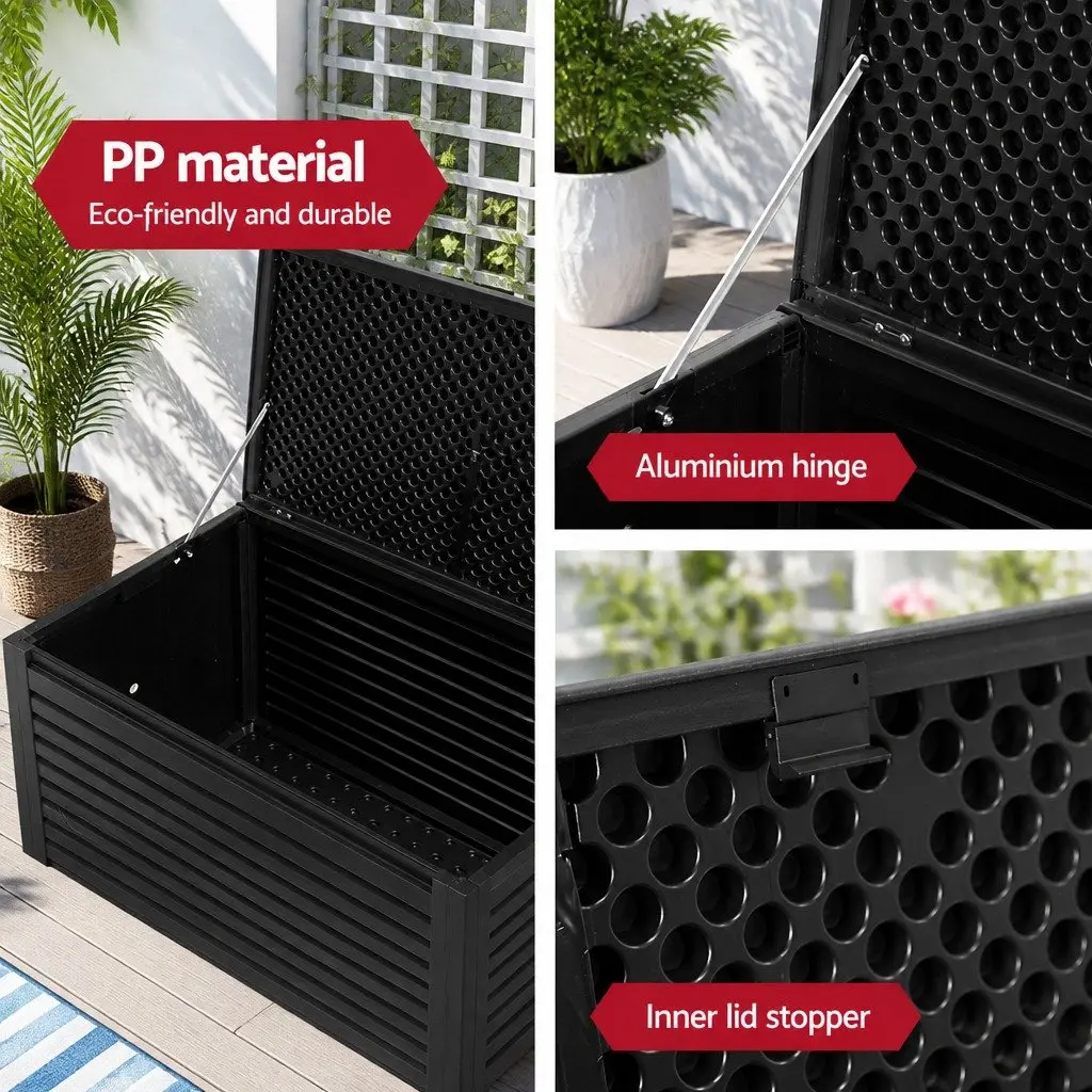 Outdoor Storage Box Lockable Black 490L Weather-Resistant Polypropylene Garden Bench