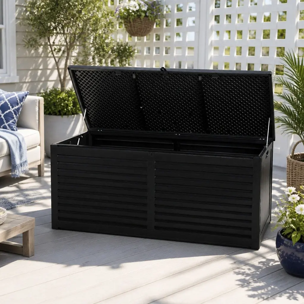 Outdoor Storage Box Lockable Black 490L Weather-Resistant Polypropylene Garden Bench