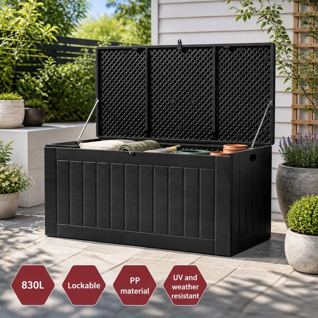Outdoor Storage Box Lockable Bench Container 830L Weather-resistant PP Black