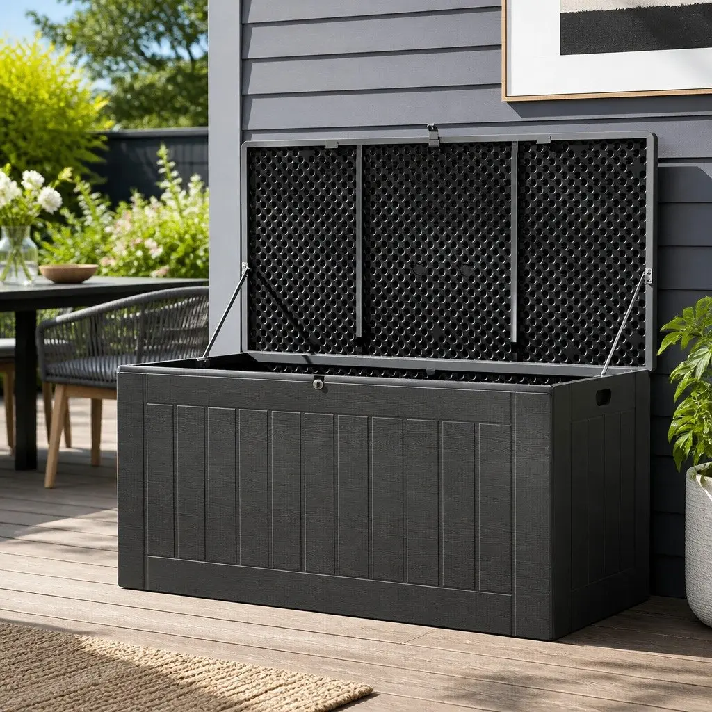 Outdoor Storage Box 830L Lockable Bench Container Garden Tool Shed Black Grey