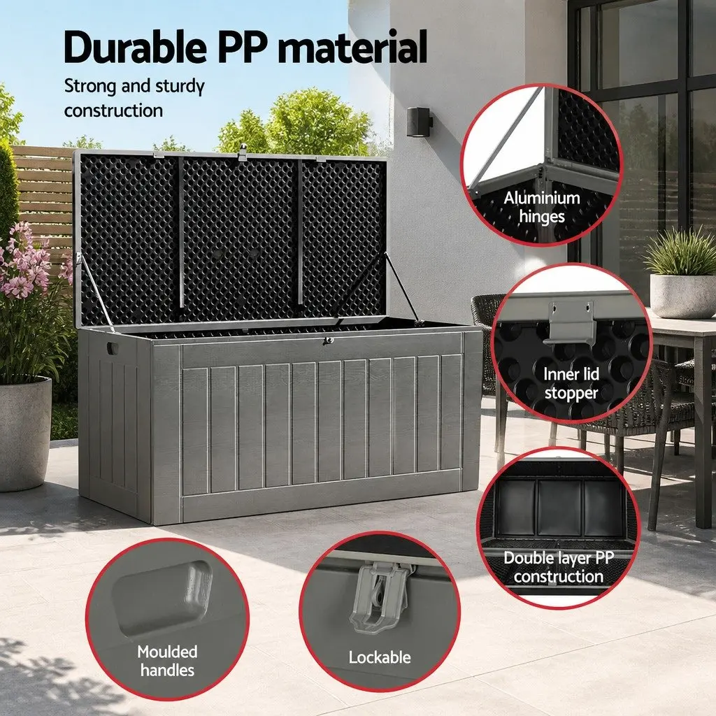 Outdoor Storage Box 830L Lockable Bench Container Garden Tool Shed Black Grey