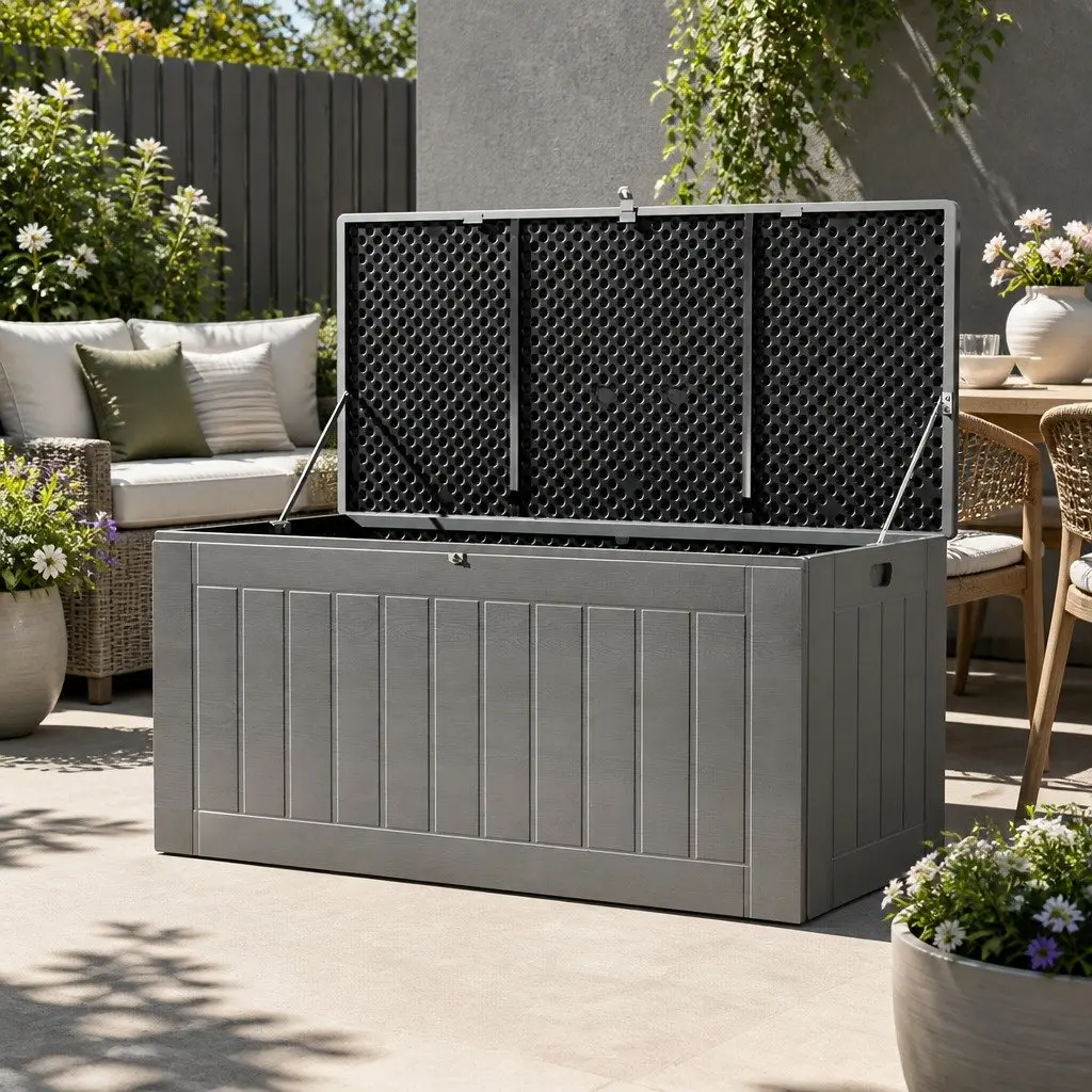 Outdoor Storage Box 830L Lockable Bench Container Garden Tool Shed Black Grey