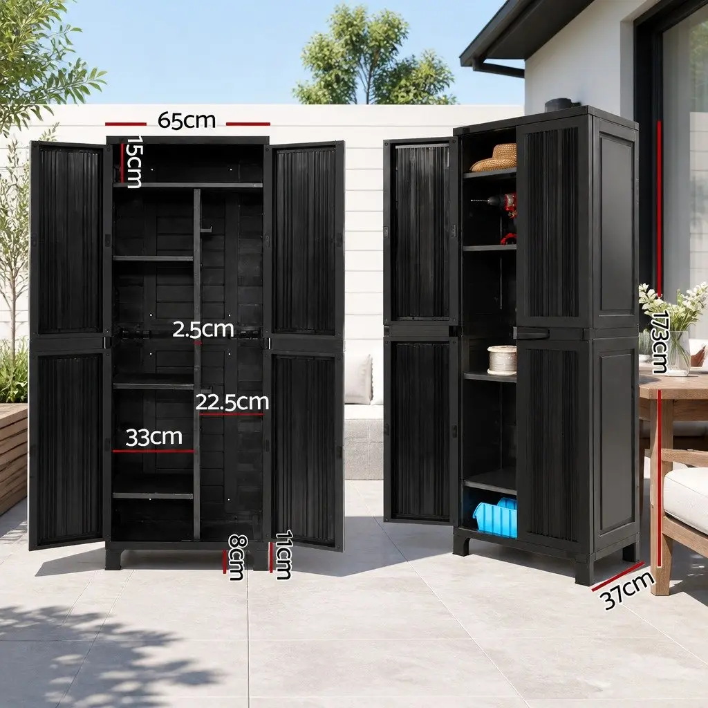 Outdoor Storage Cabinet Lockable Cupboard 173cm Tall Black Corrugated Plastic