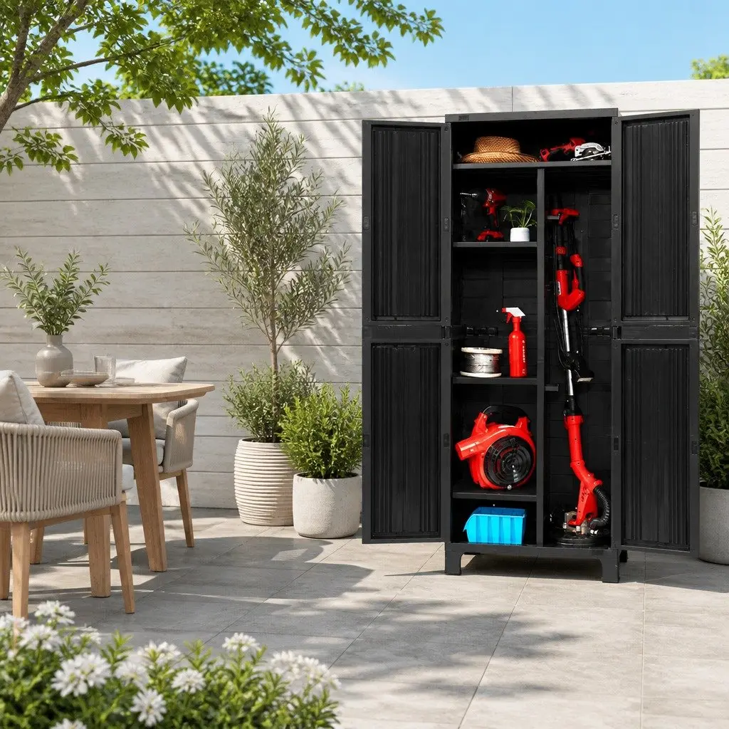 Outdoor Storage Cabinet Lockable Cupboard 173cm Tall Black Corrugated Plastic