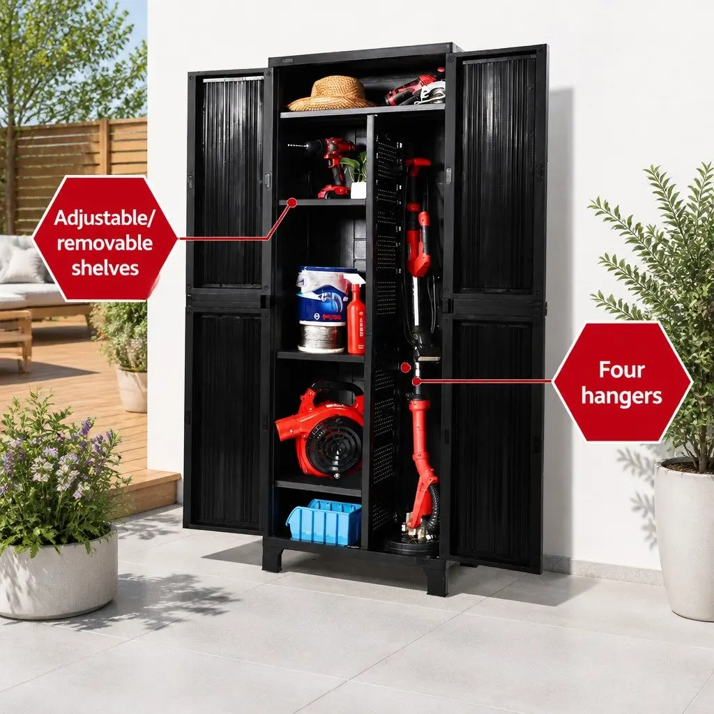 Outdoor Storage Cabinet Lockable Cupboard 173cm Tall Black Corrugated Plastic