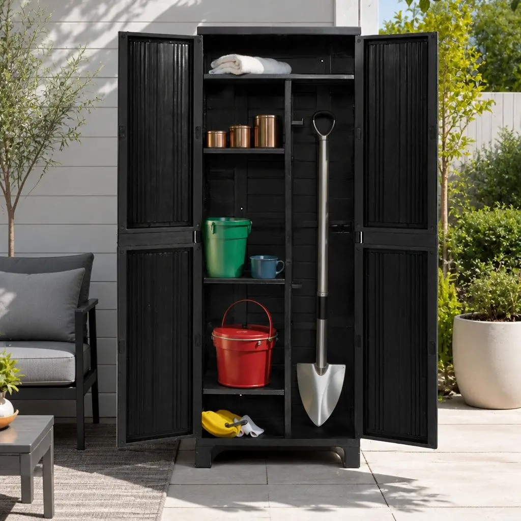 Outdoor Storage Cabinet Lockable Cupboard 173cm Tall Black Corrugated Plastic