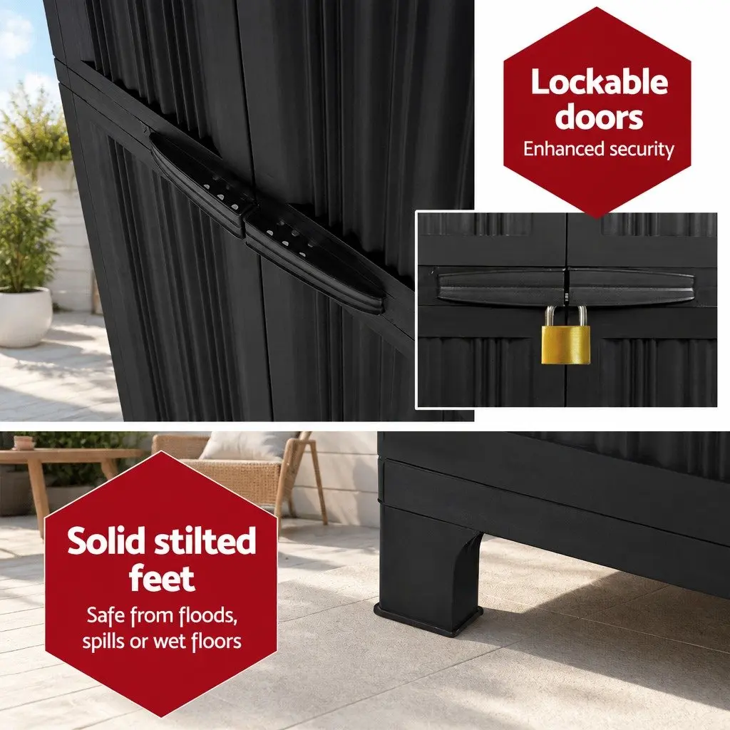 Outdoor Storage Cabinet Lockable Cupboard 173cm Tall Black Corrugated Plastic